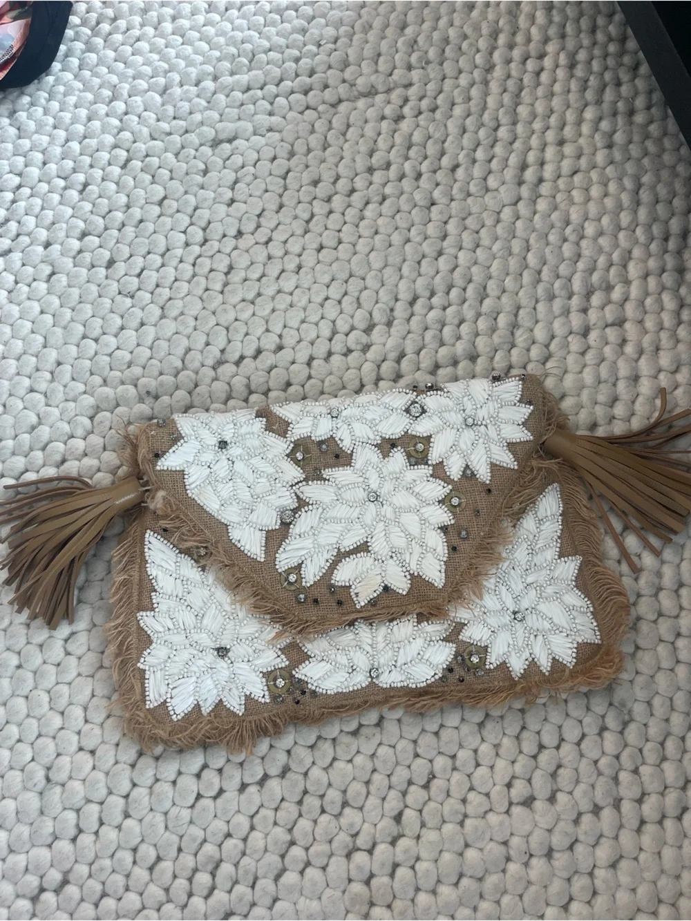 Anthropologie ibBan Straw Woven Burlap Floral Beaded Bag